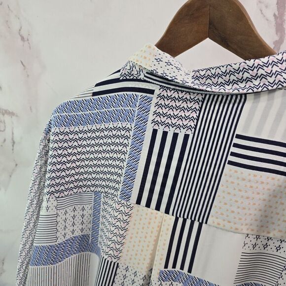 Rose And Olive Top Womens 2X Blue White Blouse Button Up Striped Patchwork - Picture 6 of 12